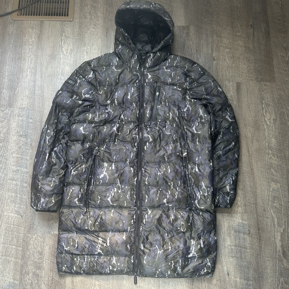 Superdry Men's Longline Puffer Coat Camo XL Extra Large Black WINTER